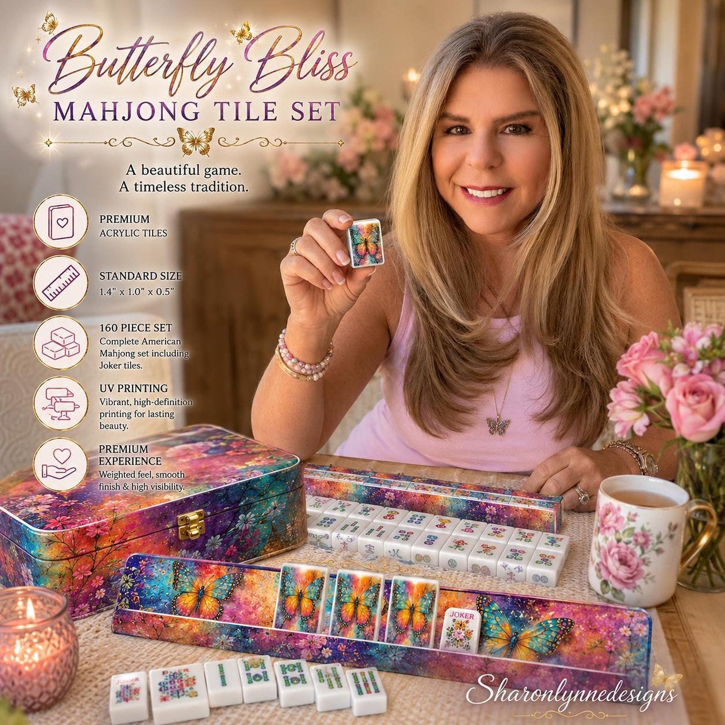 Butterfly Mahjong Tile Set, 160 Acrylic with Joker Designs for Game Night