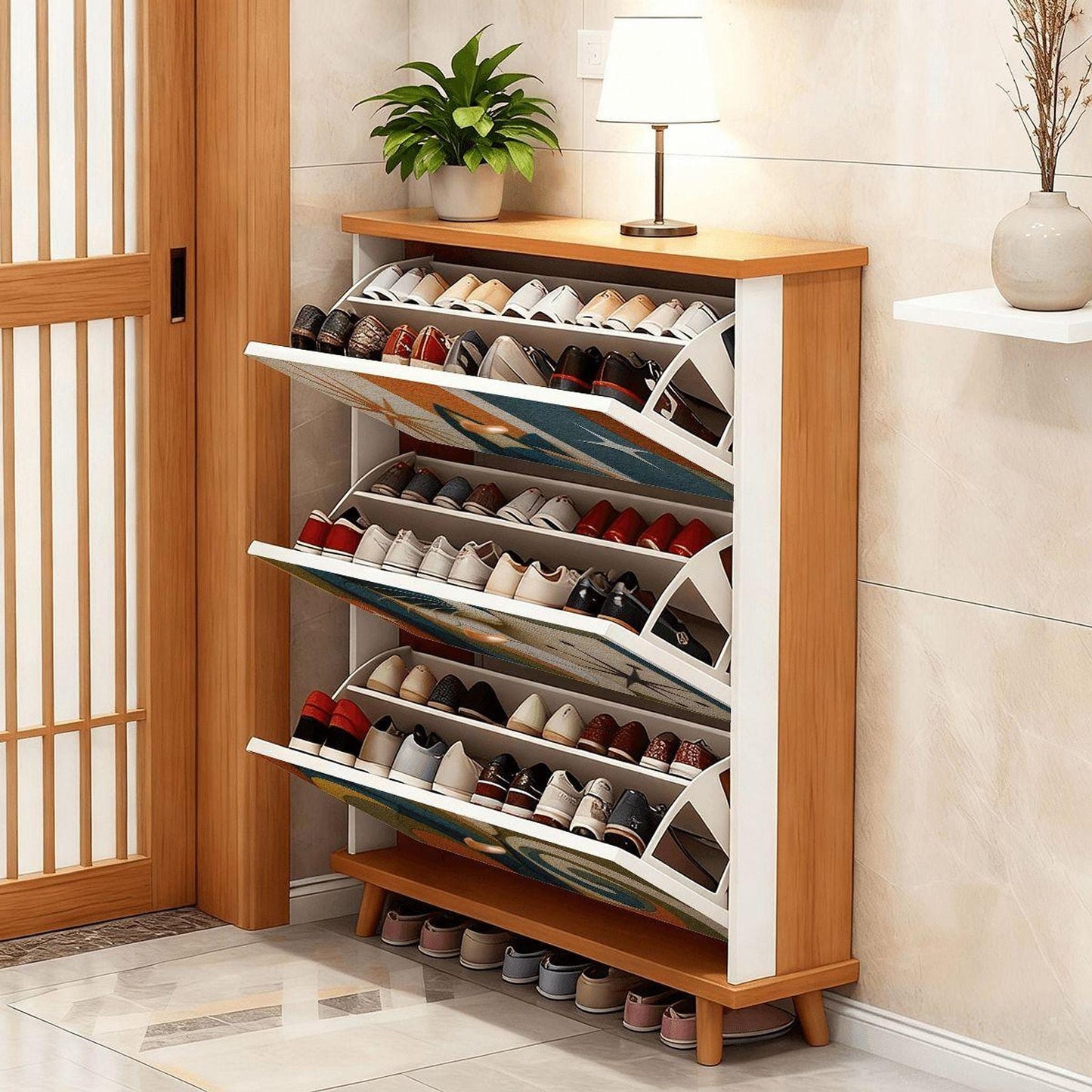 Retro Cat Cabinet, Mid Century Modern Shoe Storage with Geometric Artwork