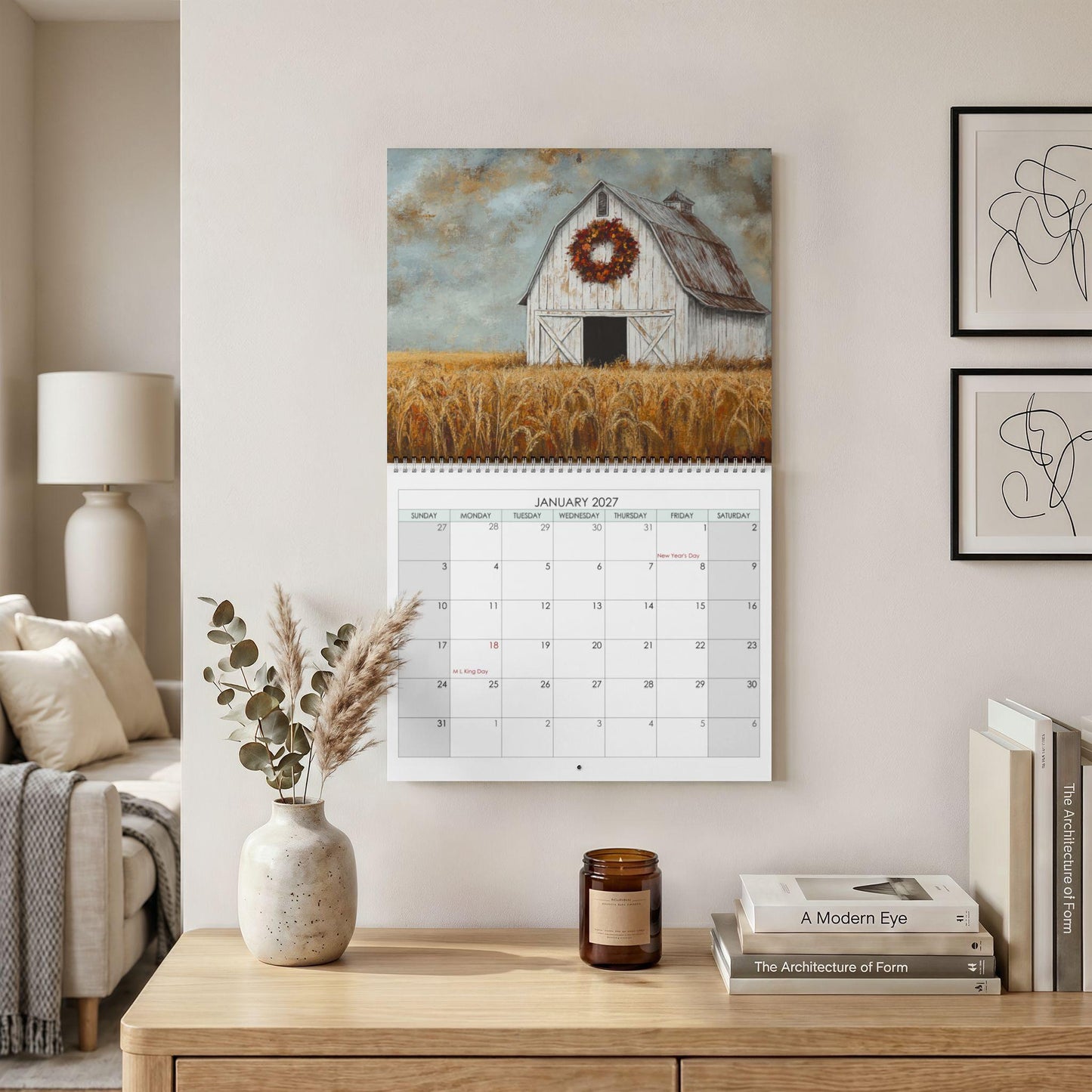 2027 Wall Calendar, Rustic Farmhouse Art with Barn Scene and Floral Fields