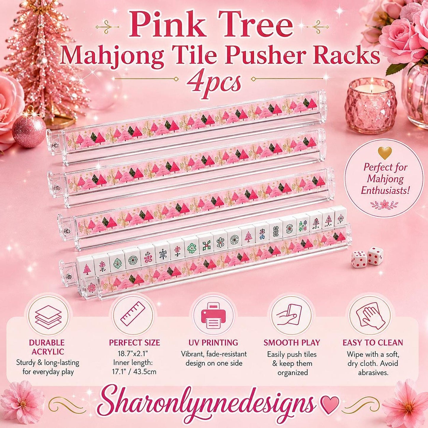 Pink Mahjong Rack Set, 4pcs Festive Acrylic with Christmas Tree Design