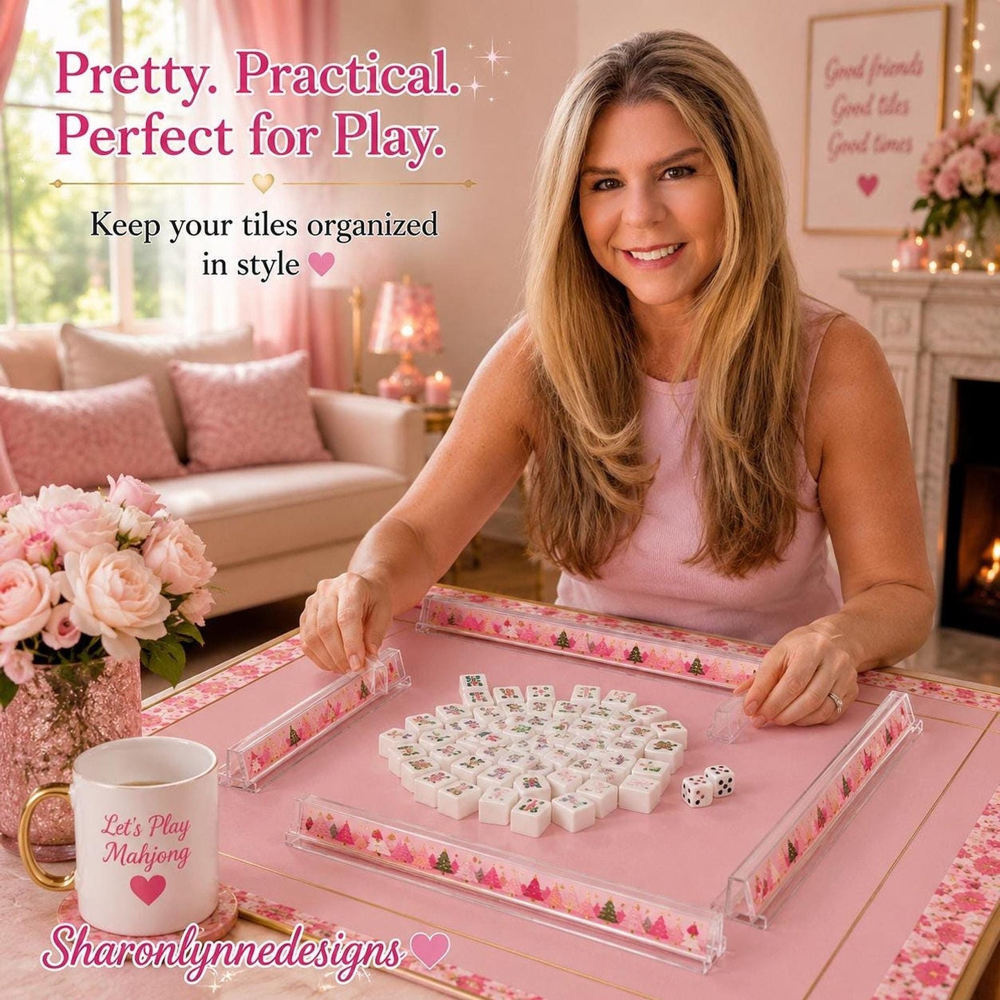 Pink Mahjong Rack Set, 4pcs Festive Acrylic with Christmas Tree Design