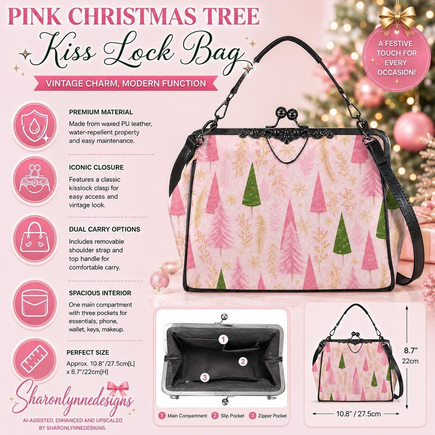 Pink Tree Kiss Lock Crossbody Shoulder Bag | Vintage Christmas Handbag