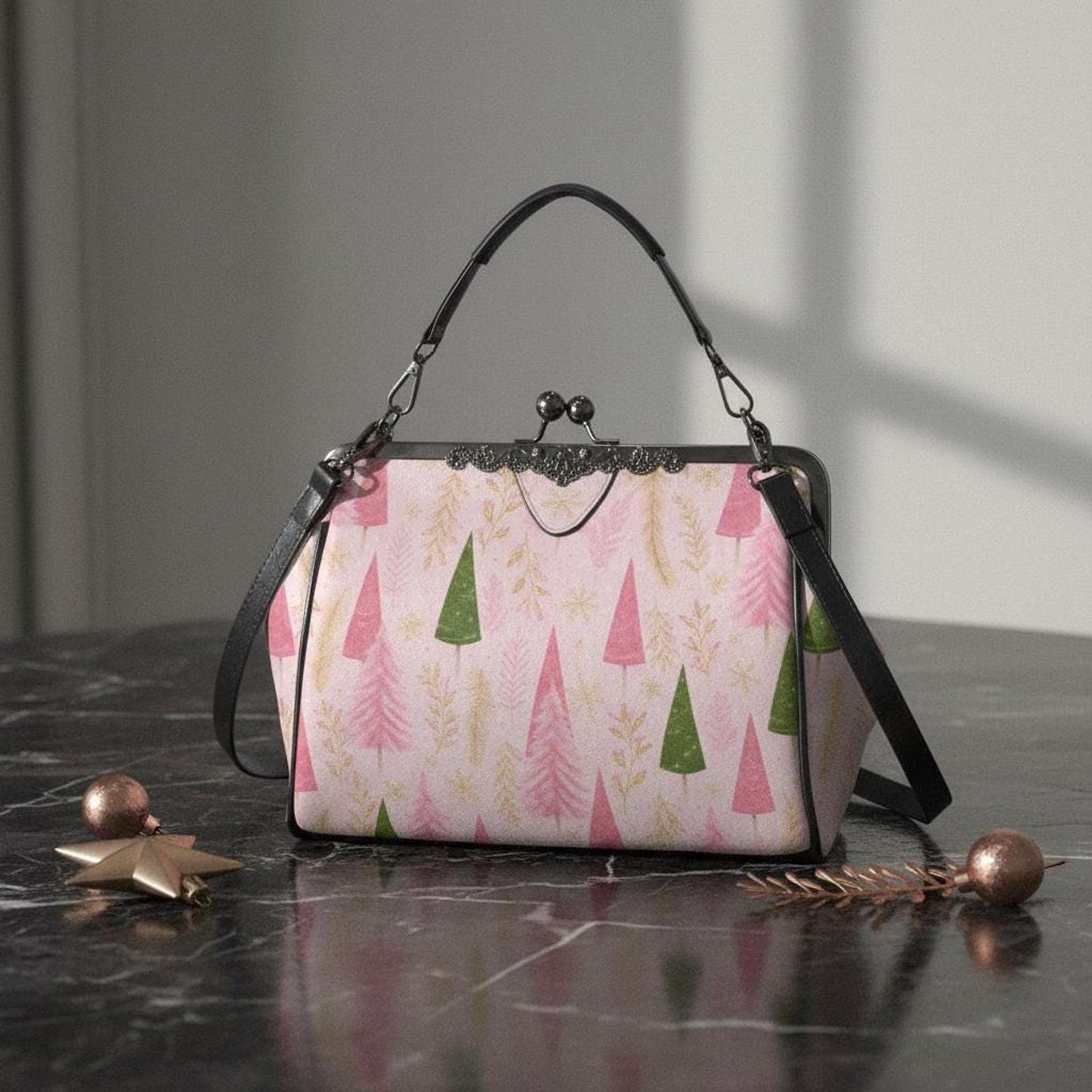 Pink Tree Kiss Lock Crossbody Shoulder Bag | Vintage Christmas Handbag