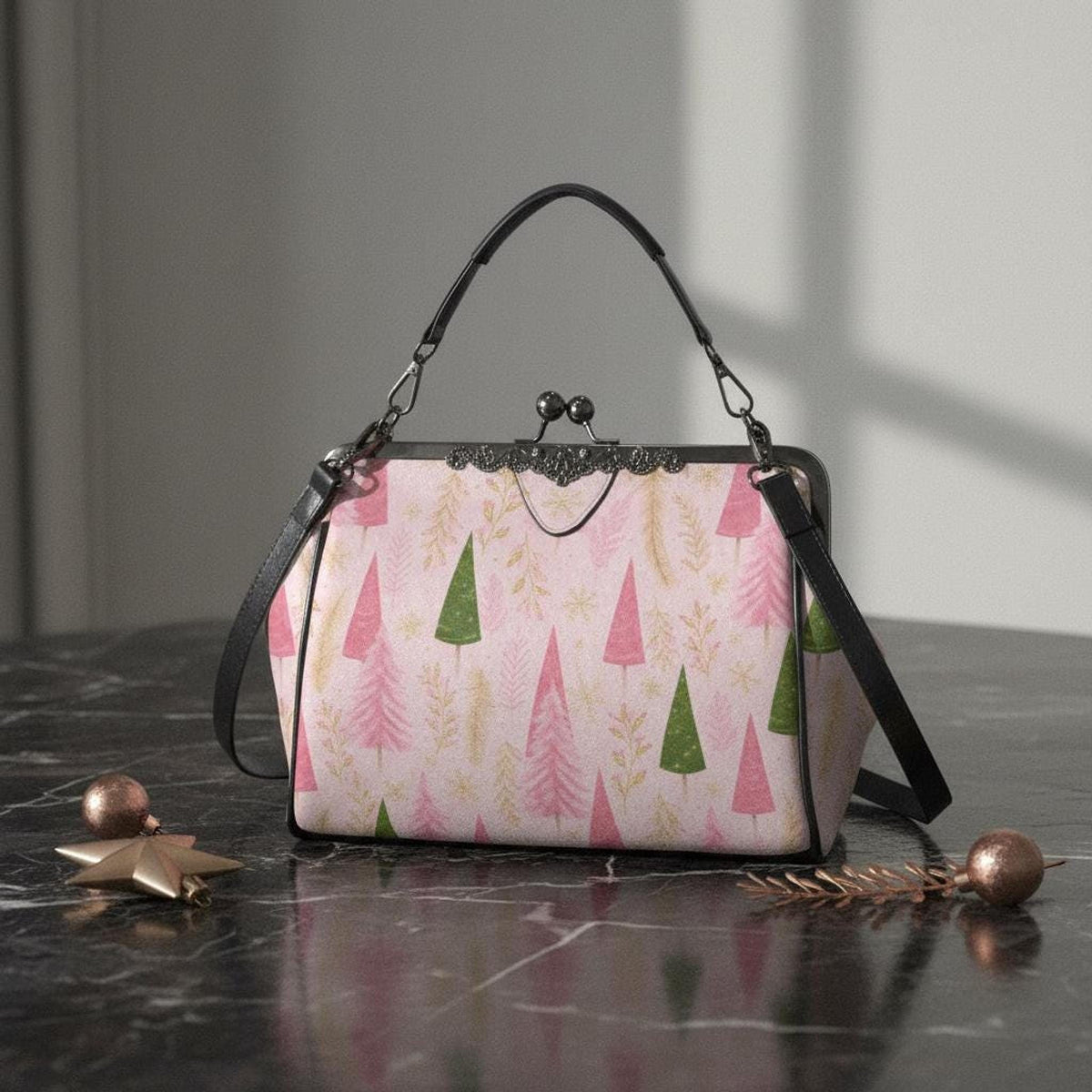 Pink Tree Kiss Lock Crossbody Shoulder Bag | Vintage Christmas Handbag