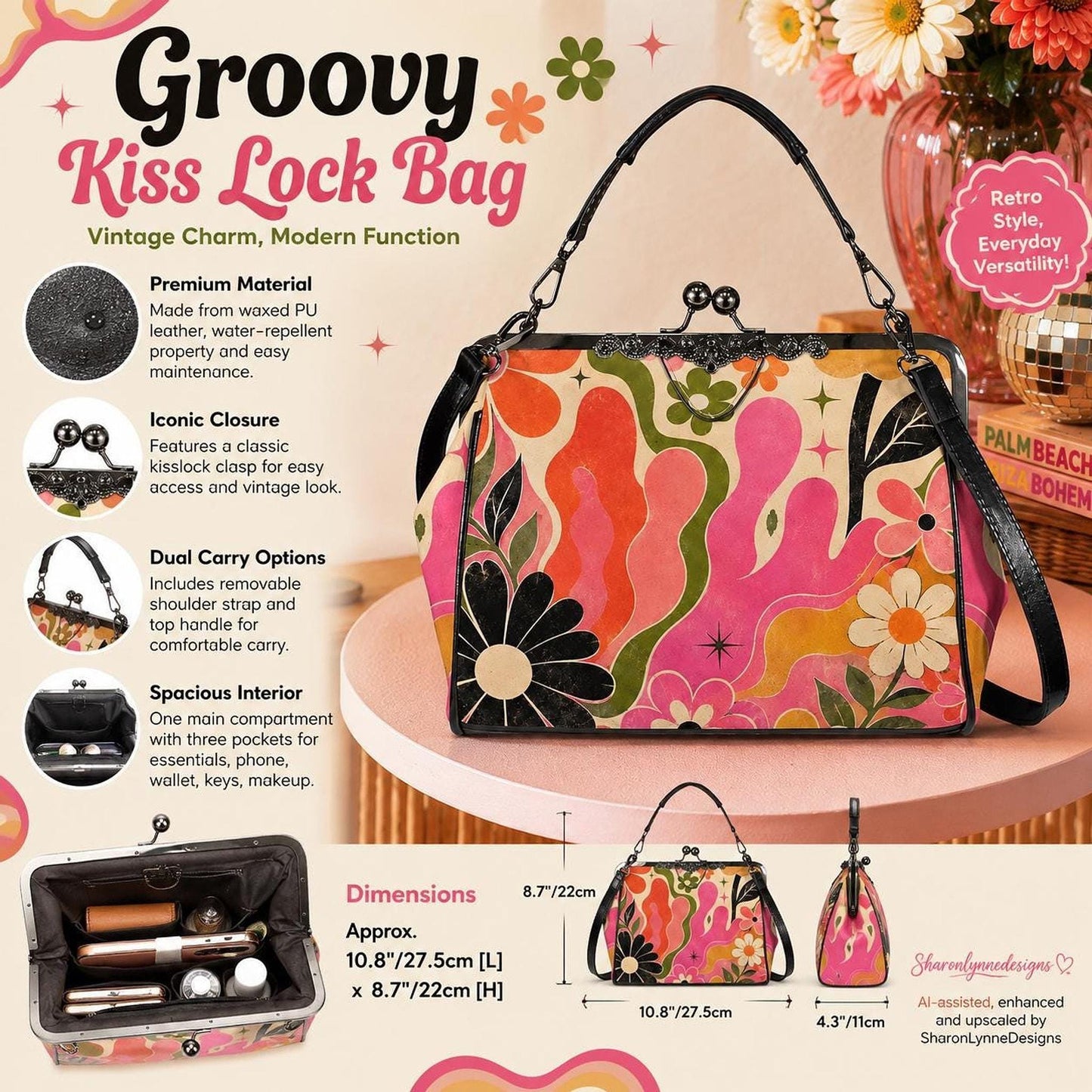 Groovy Retro Kiss Lock Bag | Vintage-Inspired Waxed PU Leather Crossbody & Top Handle Purse
