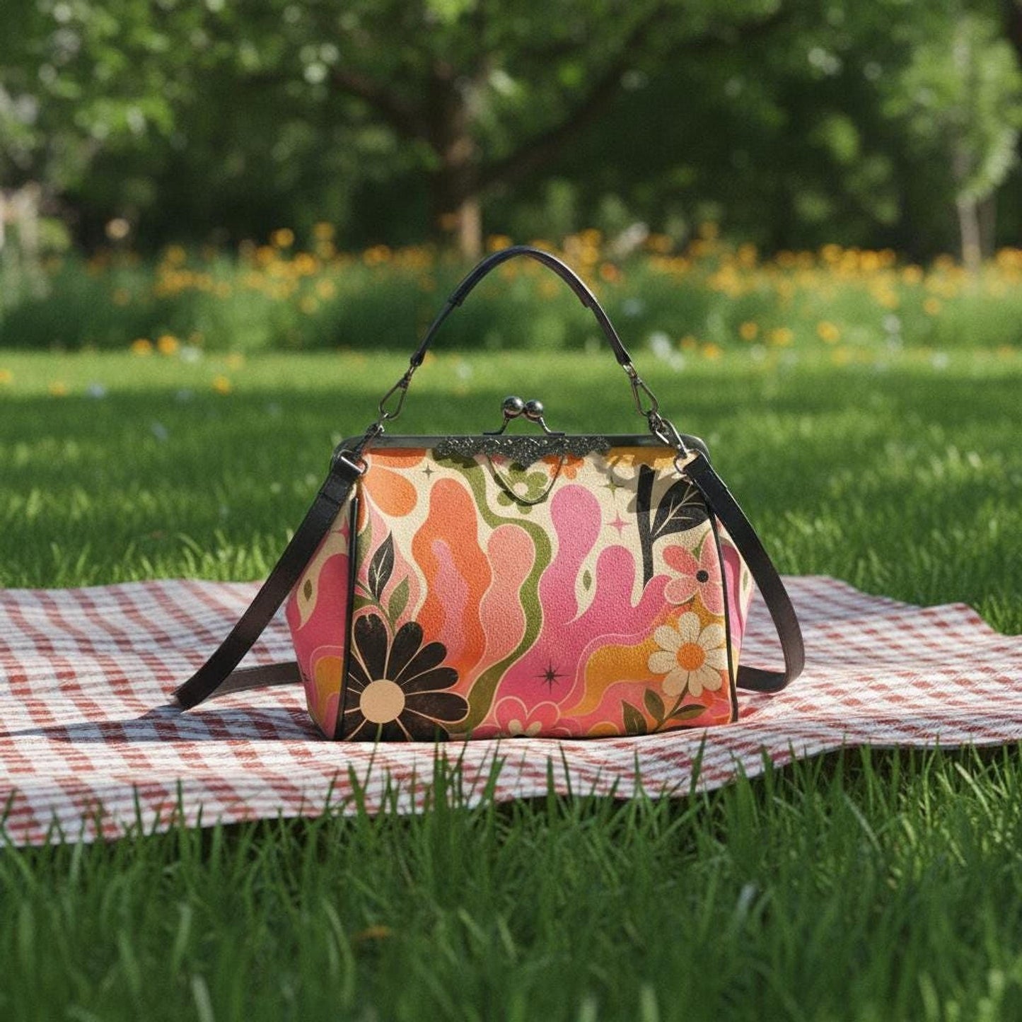 Groovy Retro Kiss Lock Bag | Vintage-Inspired Waxed PU Leather Crossbody & Top Handle Purse