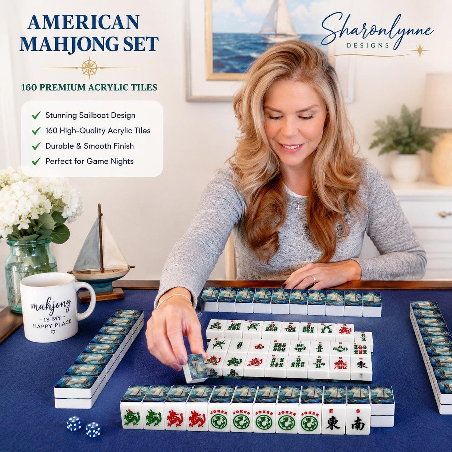 American Mahjong Sailboat Set | 166 Nautical Tiles with Sailboat Design