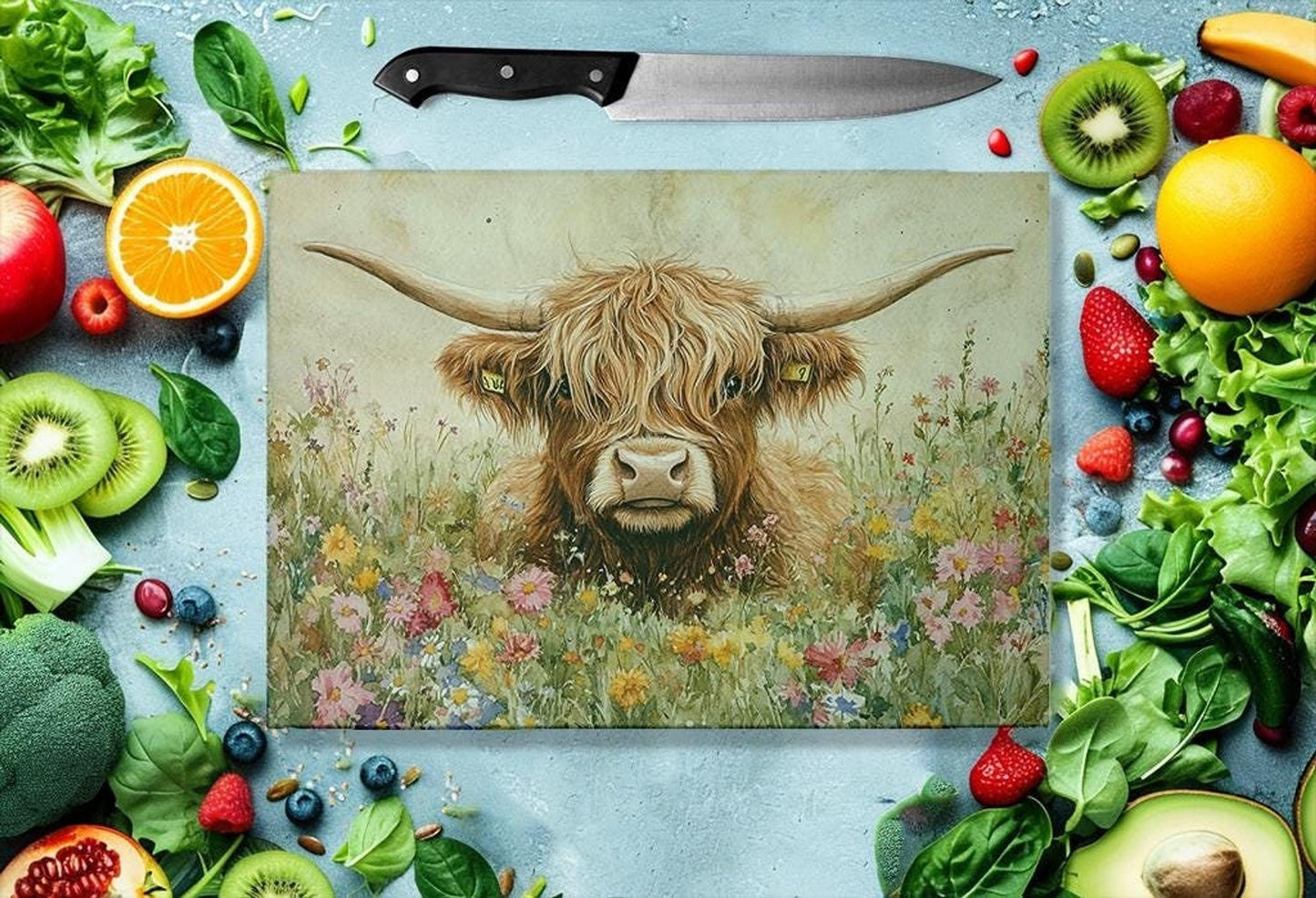 Highland Cow Cutting Board, Durable Tempered Glass with Rustic Watercolor Design