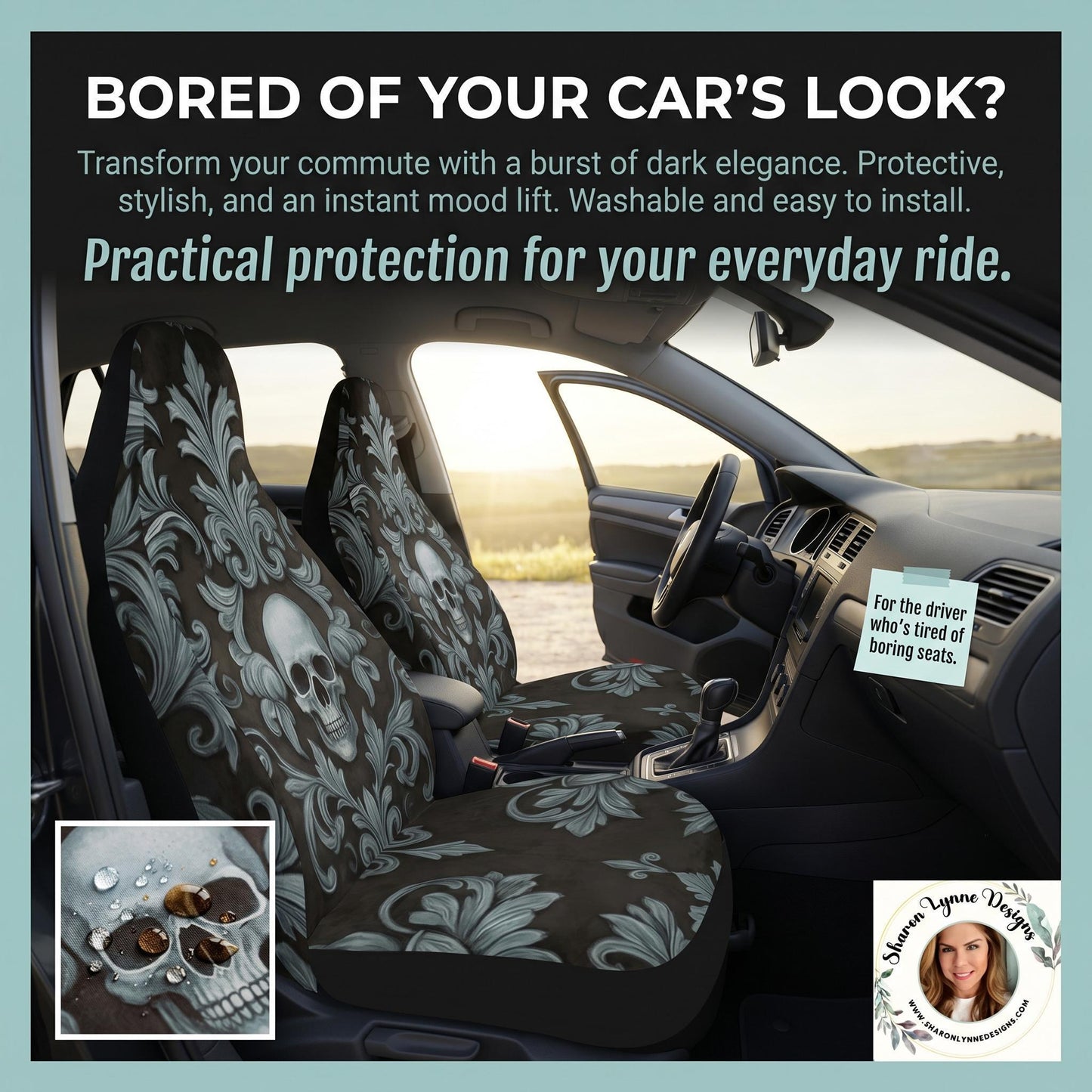 Skull Seat Covers, Durable Polyester Front Car with Gothic Design