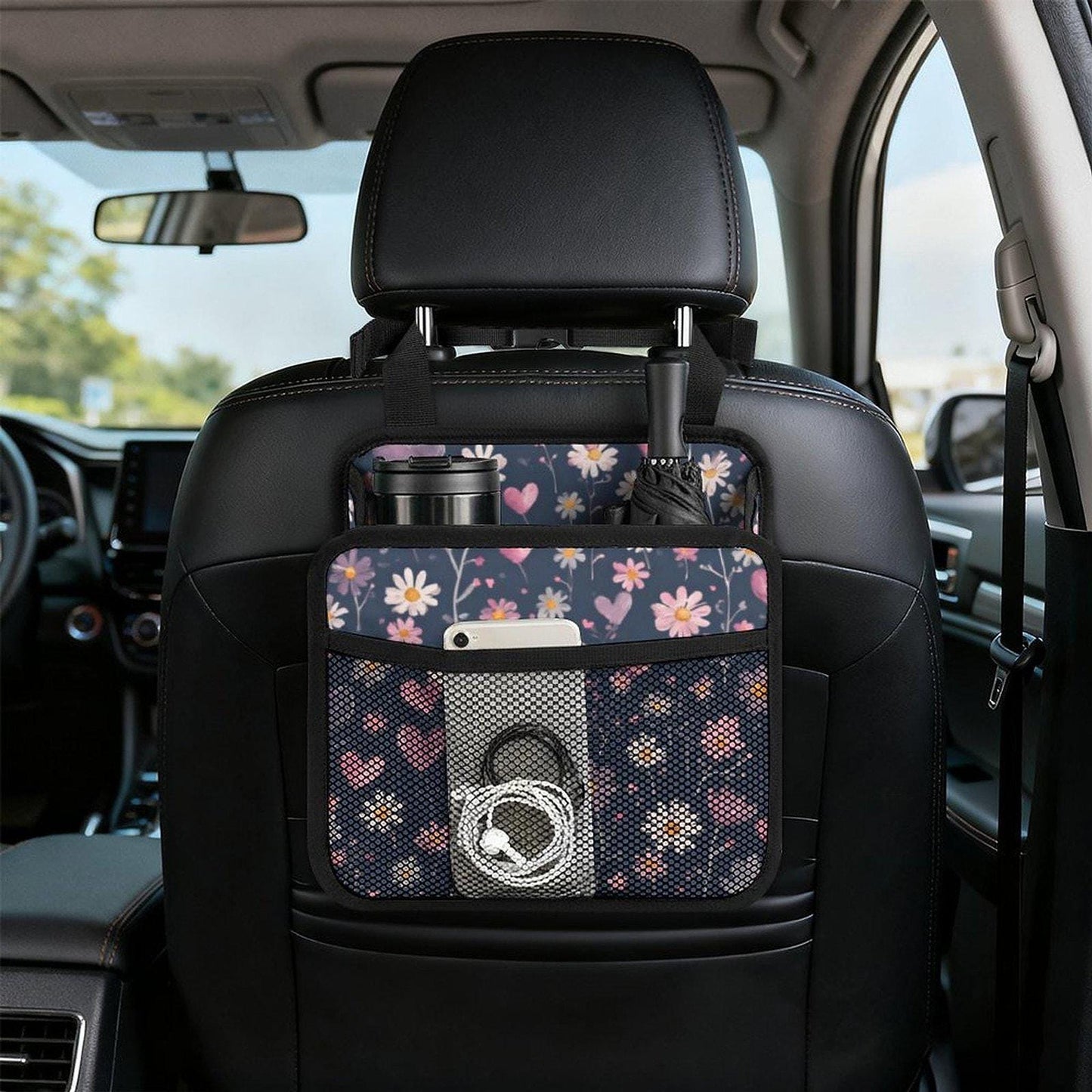 Blue Heart Car Seat Organizer, Durable PU Storage Bag with Mesh Pockets