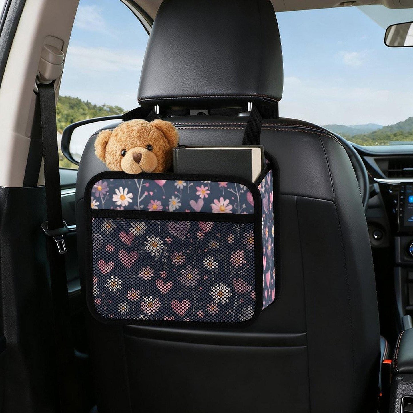 Blue Heart Car Seat Organizer, Durable PU Storage Bag with Mesh Pockets