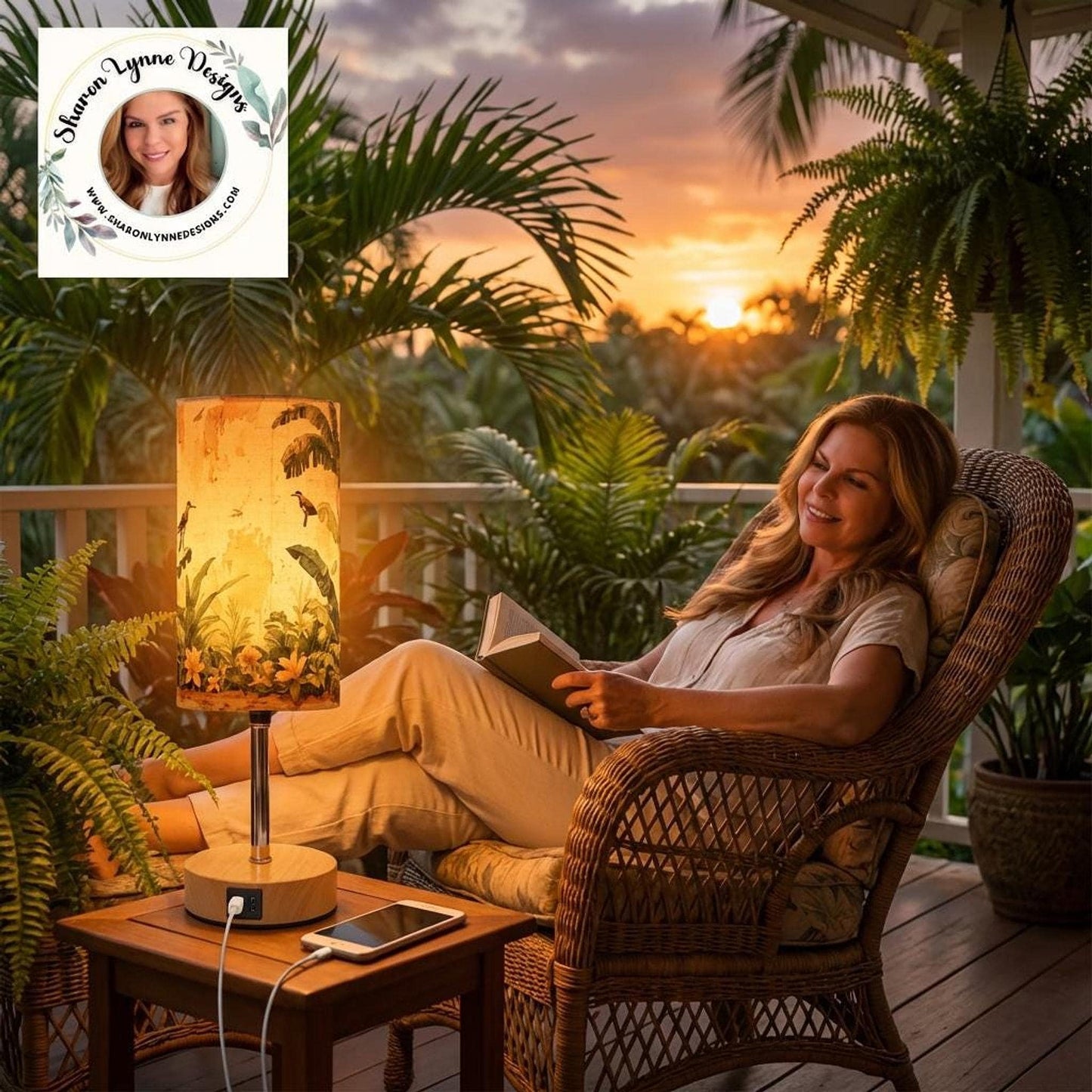 Tropical Table Lamp with USB Charging Port, Modern Metal and Linen Design for Nightstands