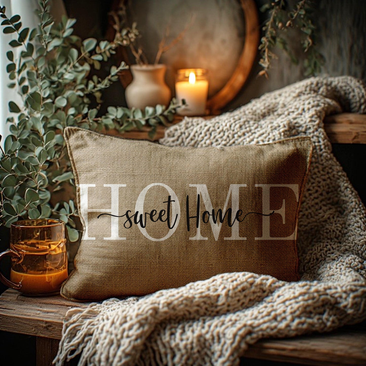 Farmhouse Lumbar Pillow, Beige Burlap Accent Cushion for Rustic Decor
