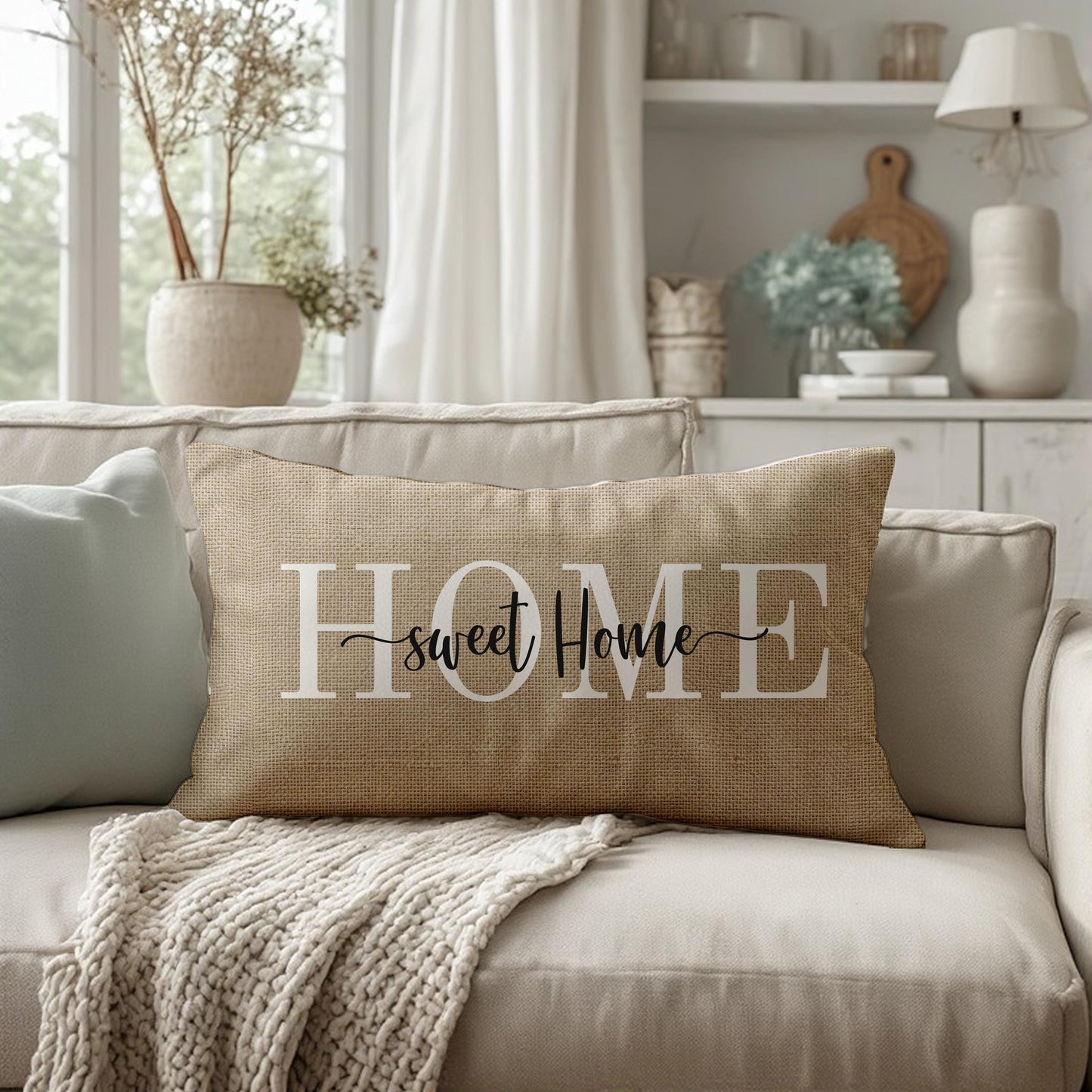 Farmhouse Lumbar Pillow, Beige Burlap Accent Cushion for Rustic Decor