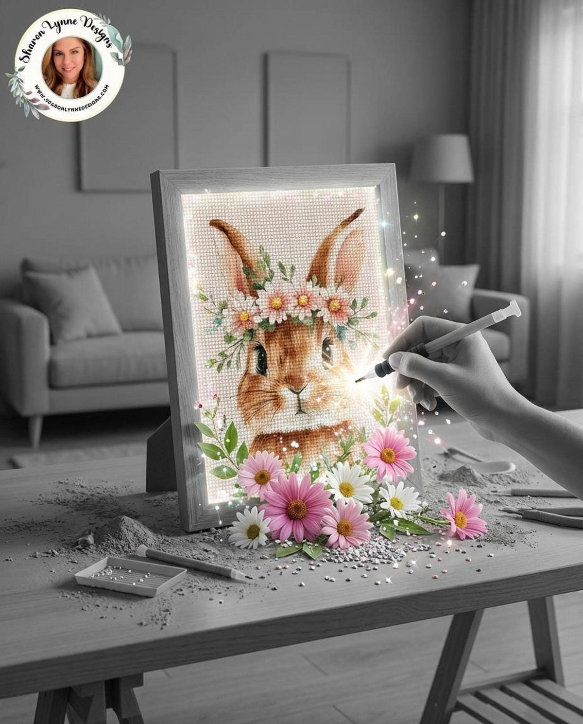 Bunny Diamond Painting Kit: DIY Mosaic Art with Flower Crown for Relaxing Craft Project