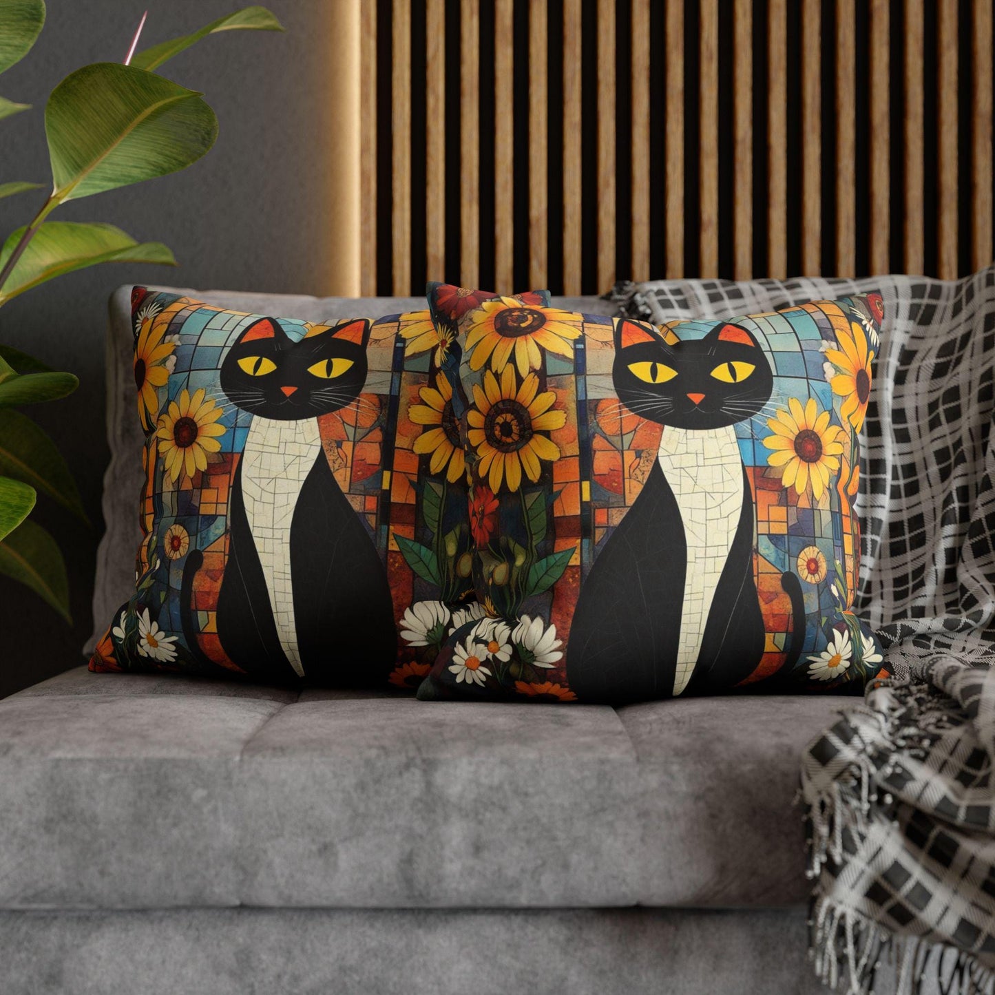 Retro Cat Pillow with Floral Design, Faux Suede Boho Home Decor