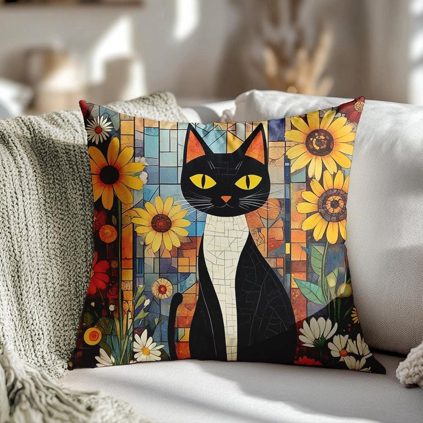 Retro Cat Pillow with Floral Design, Faux Suede Boho Home Decor