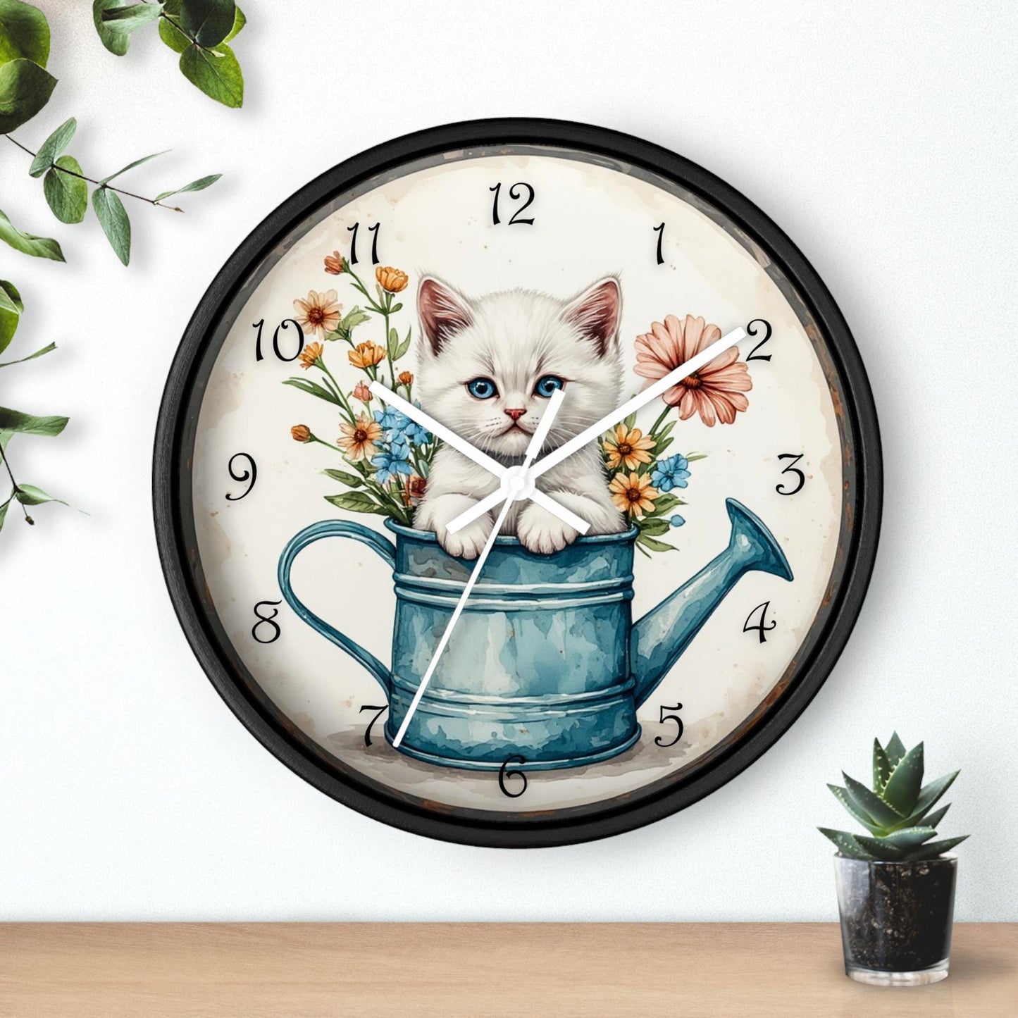 Kitten Wall Clock in White Watering Can Design, Rustic Farmhouse Decor with Silent Mechanism