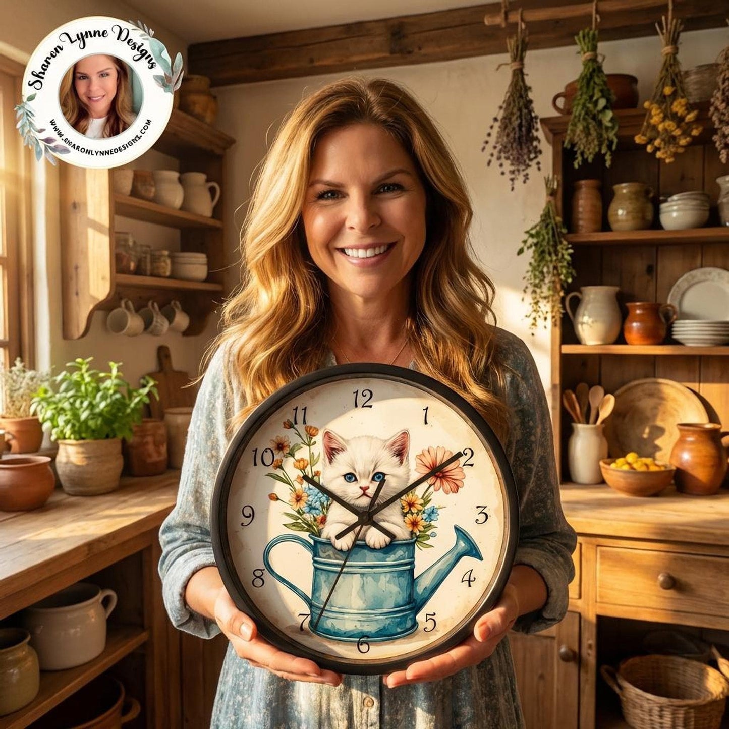 Kitten Wall Clock in White Watering Can Design, Rustic Farmhouse Decor with Silent Mechanism