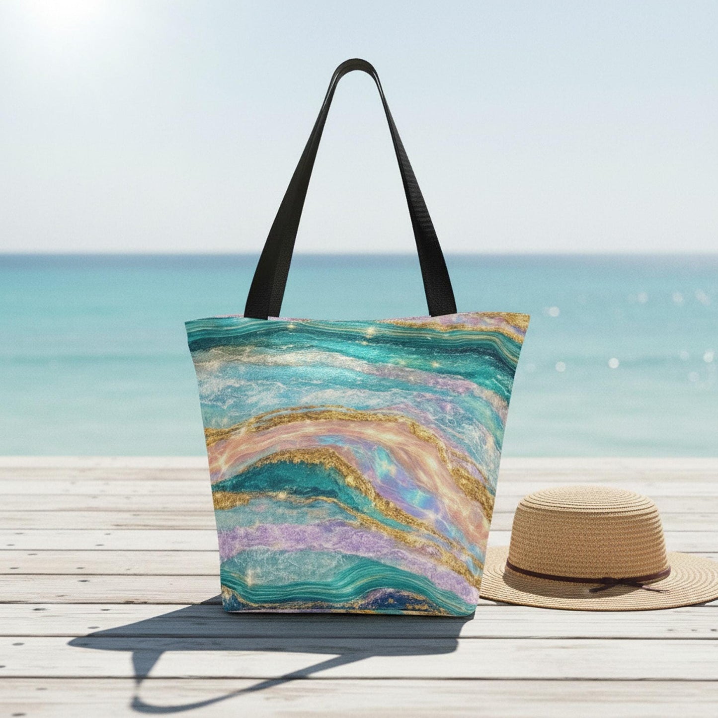 Turquoise Tote Bag, Ocean-Inspired Summer with Zipper Closure