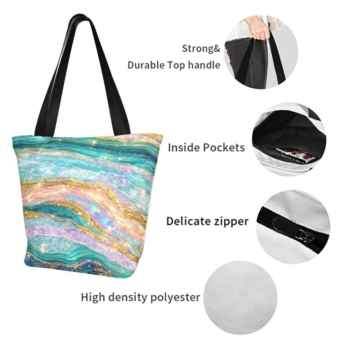 Turquoise Tote Bag, Ocean-Inspired Summer with Zipper Closure