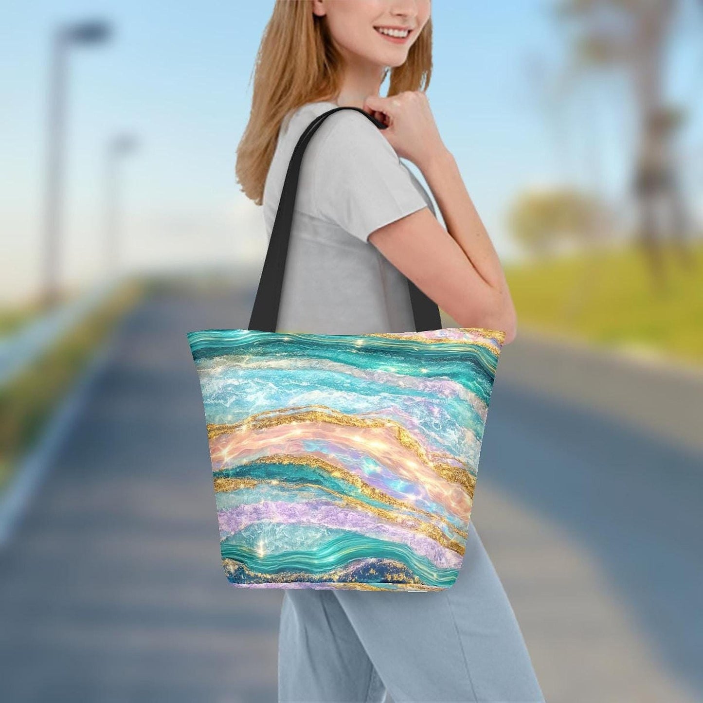 Turquoise Tote Bag, Ocean-Inspired Summer with Zipper Closure