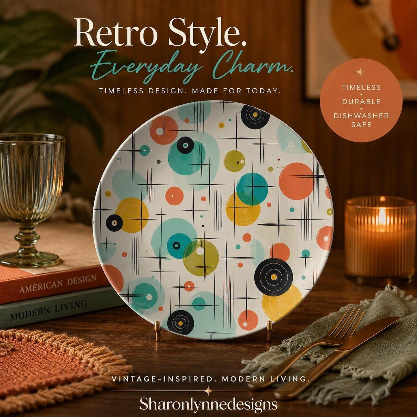 Retro Dinner Plate with Atomic Design, 10 Inch Microwave Safe Tableware