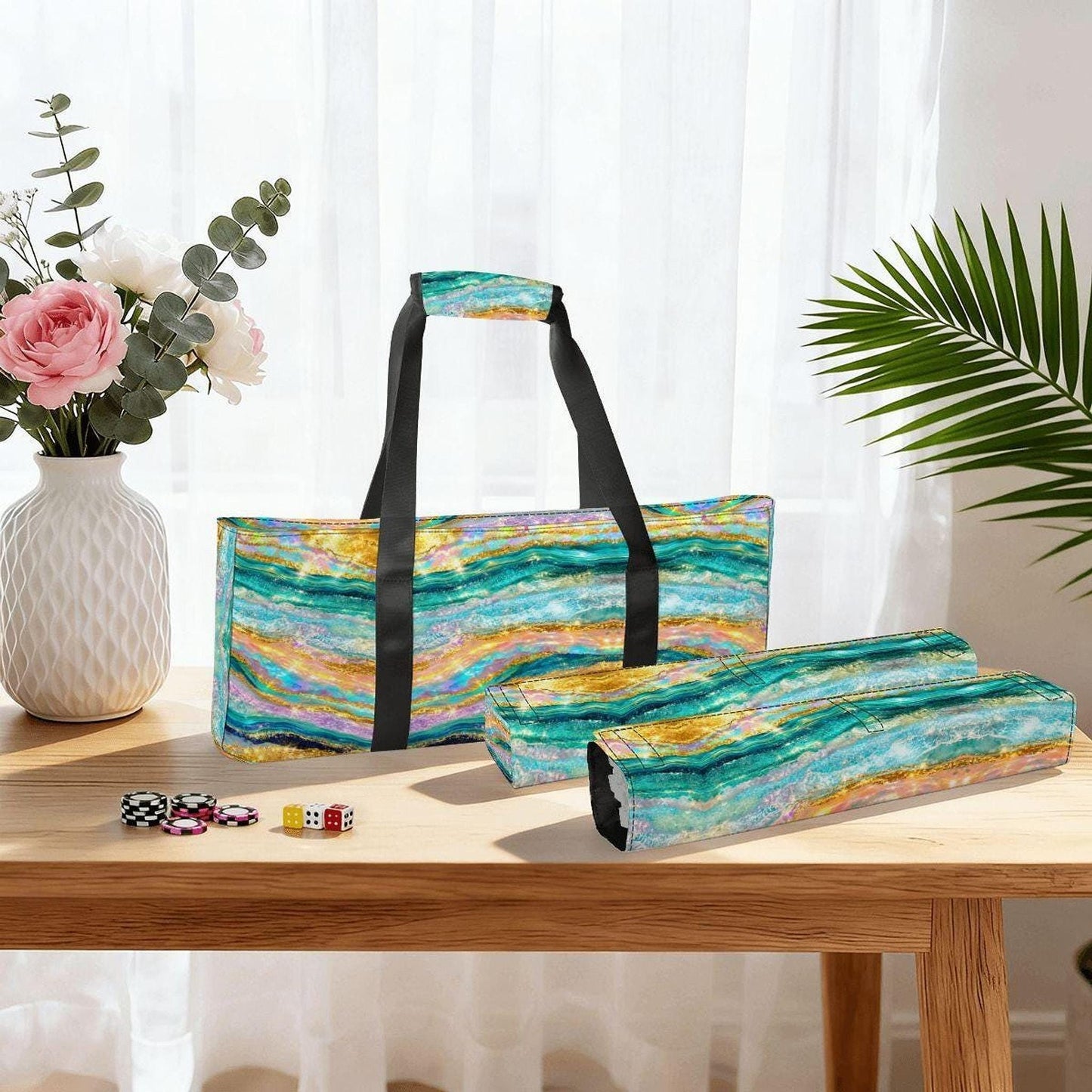 Turquoise Tide Mahjong Bag Set, 3-Piece Canvas Storage Bags for Accessories