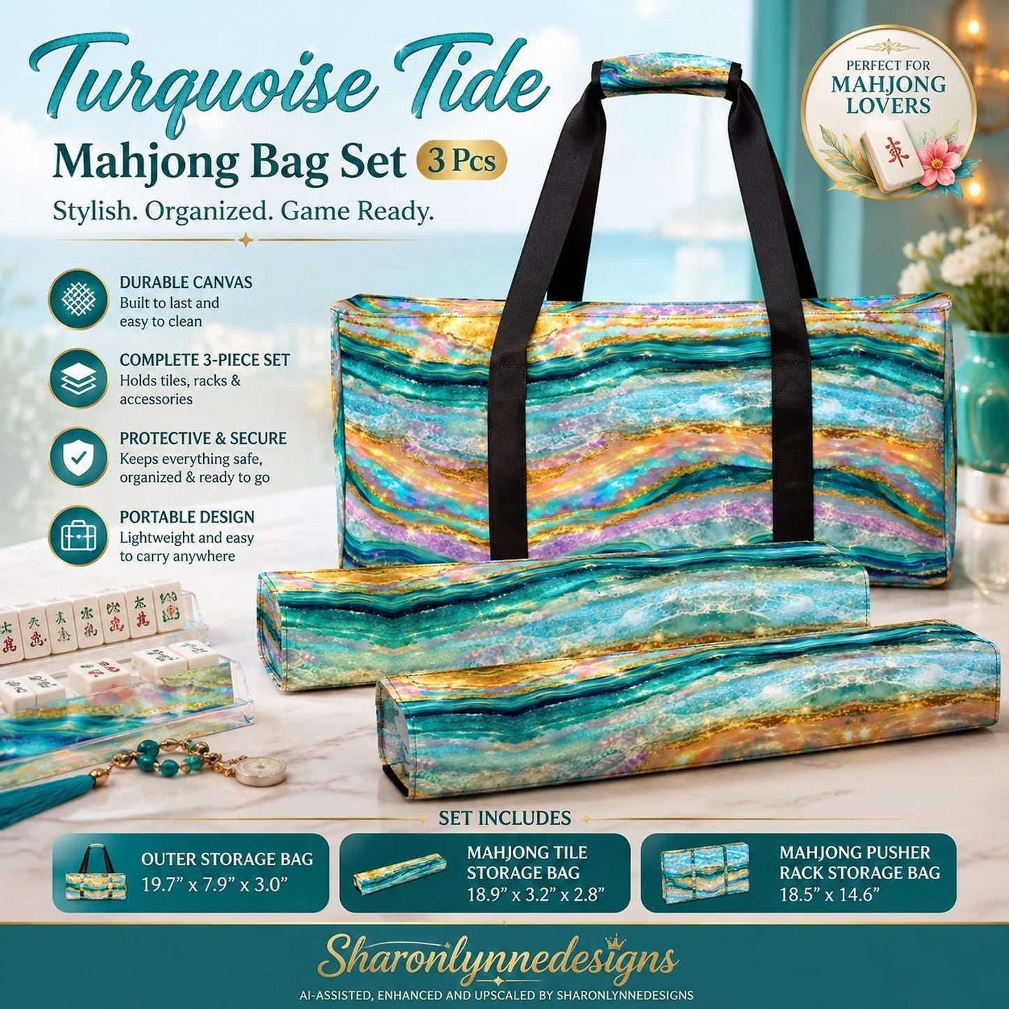 Turquoise Tide Mahjong Bag Set, 3-Piece Canvas Storage Bags for Accessories