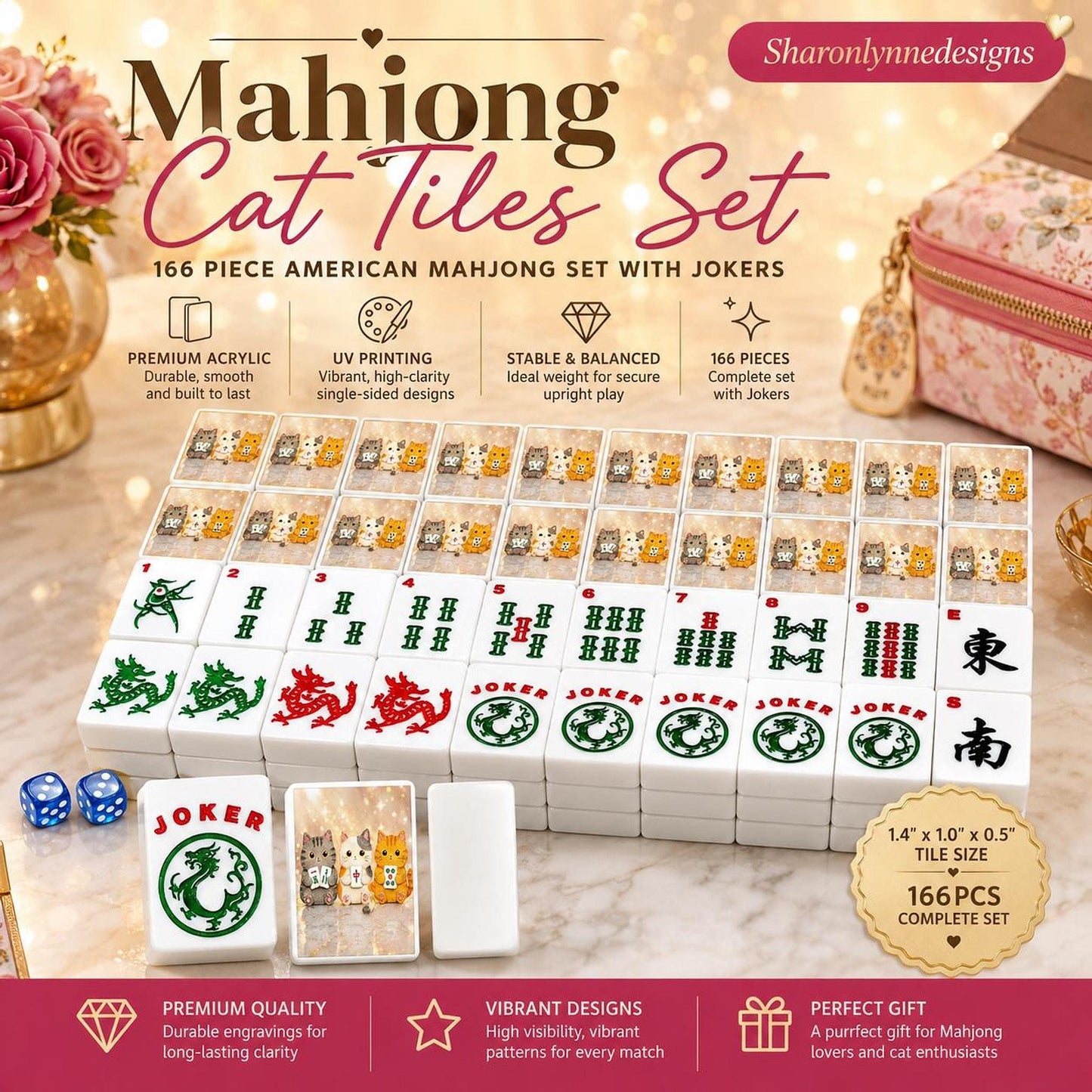 Mahjong Cat Tiles Set – 166-Piece American Game with Jokers