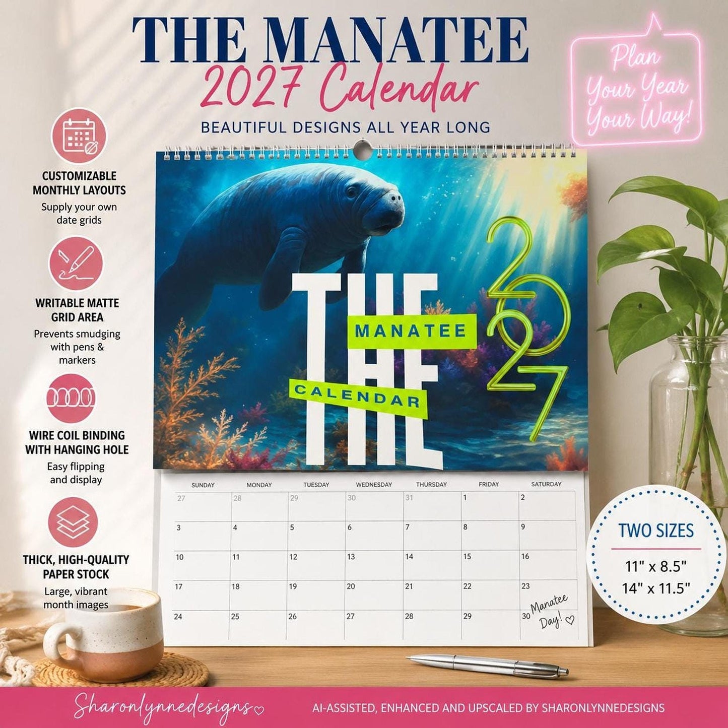 Manatee Illustrated Wall Calendar 2027, Ocean Wildlife Monthly Planner