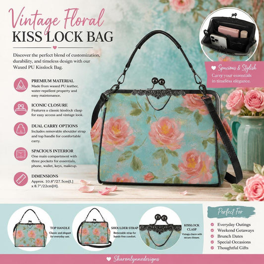 Kiss Lock Purse | Vintage Floral Bag with Watercolor Roses