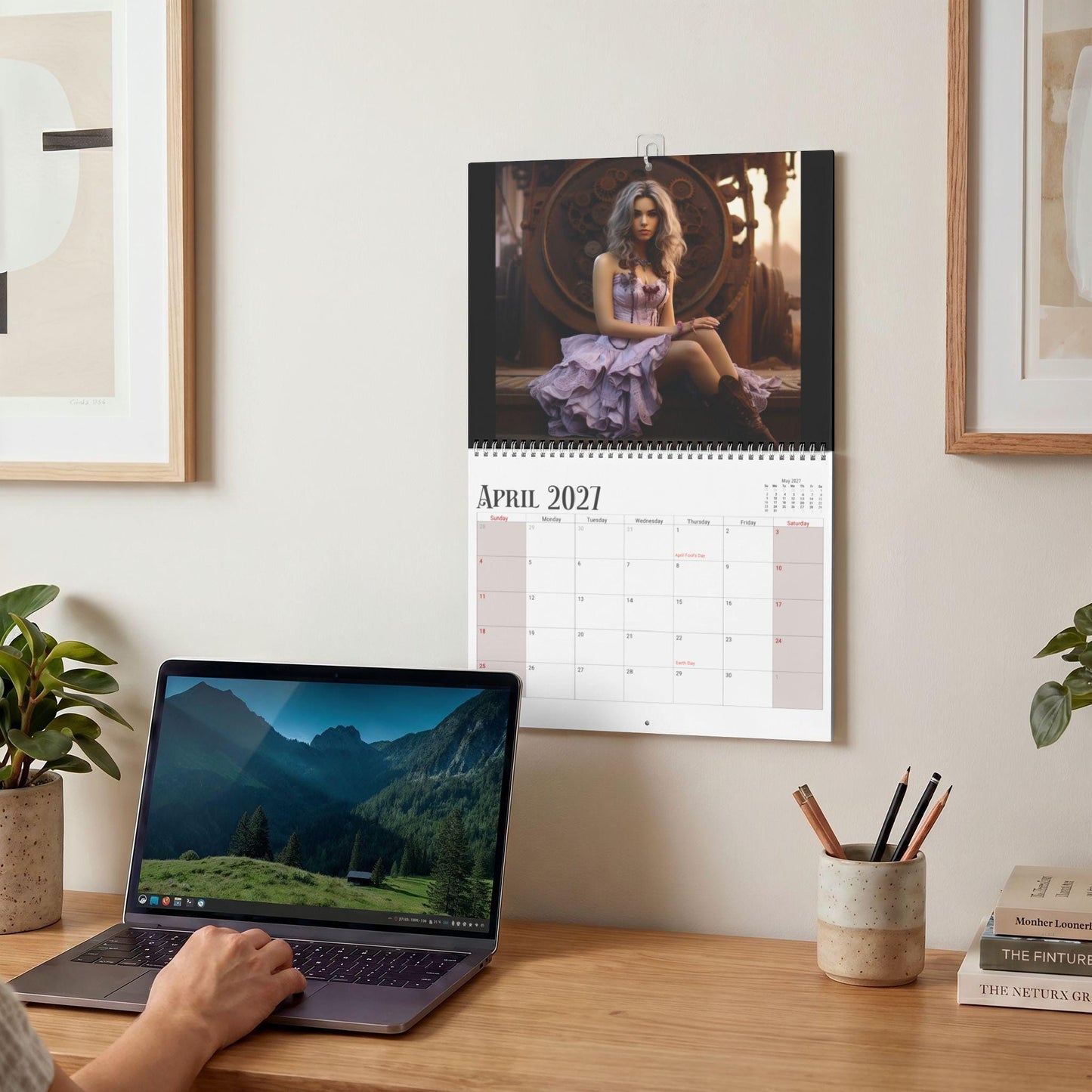 Steampunk Calendar 2027, Monthly Spiral Wall with Writable Matte Grid