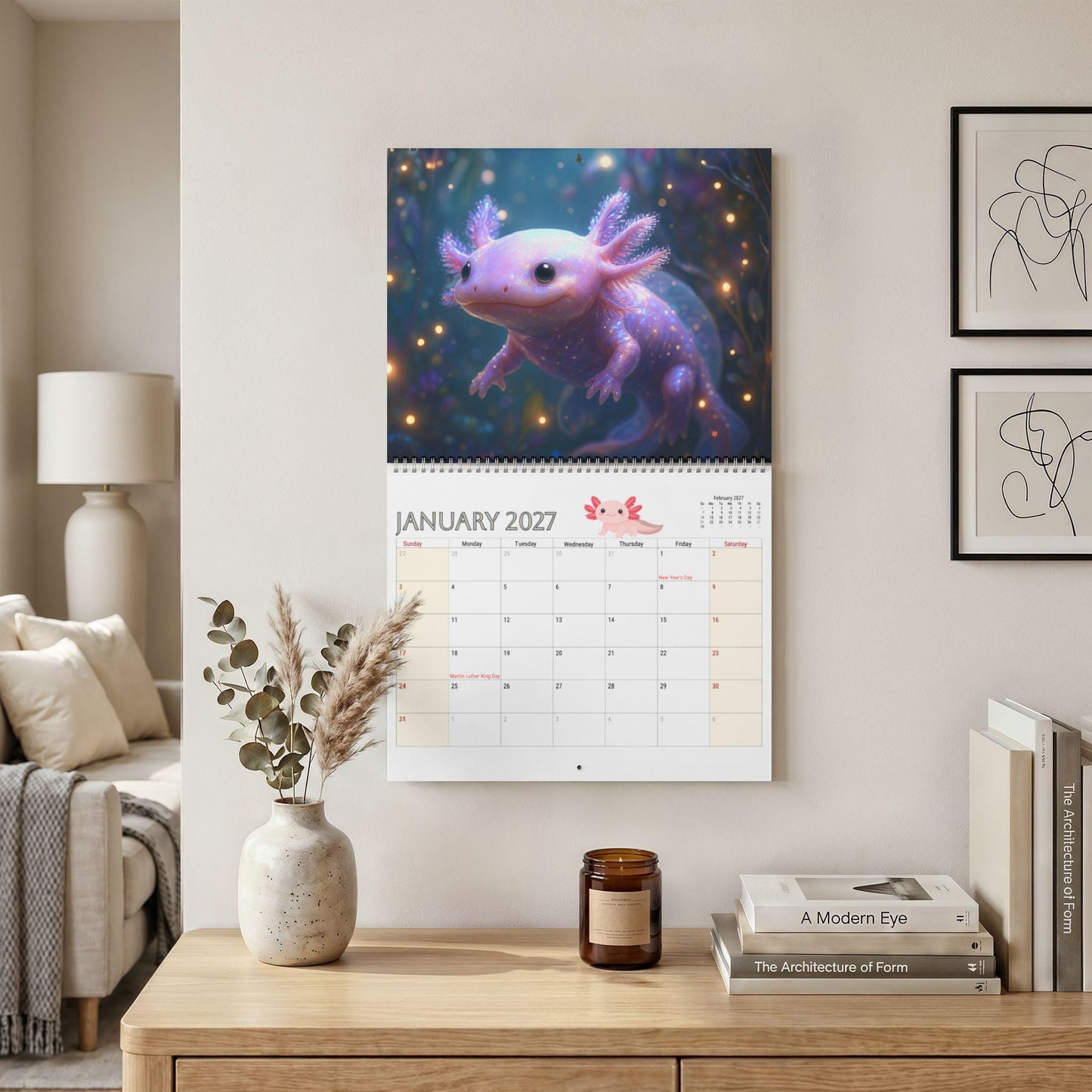 Axolotl Calendar 2027, Illustrated Monthly Wall with Writable Grids