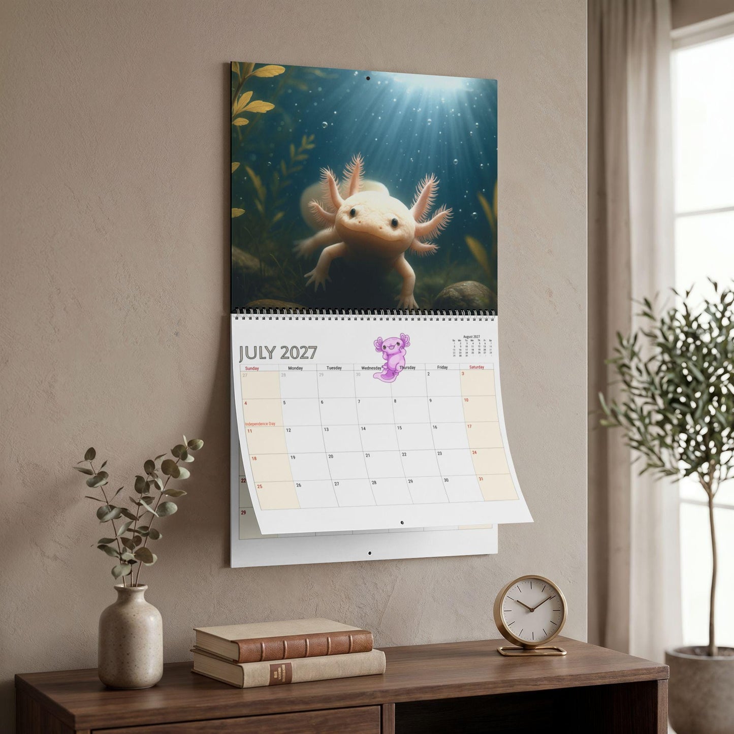 Axolotl Calendar 2027, Illustrated Monthly Wall with Writable Grids