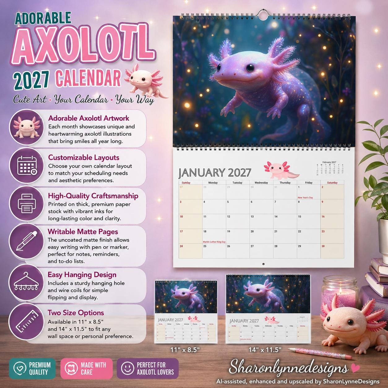 Axolotl Calendar 2027, Illustrated Monthly Wall with Writable Grids