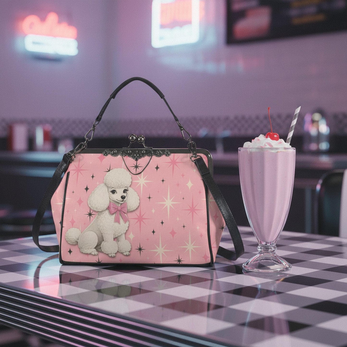 Retro Poodle Bag, Vintage Kiss Lock Handbag in Pink with White