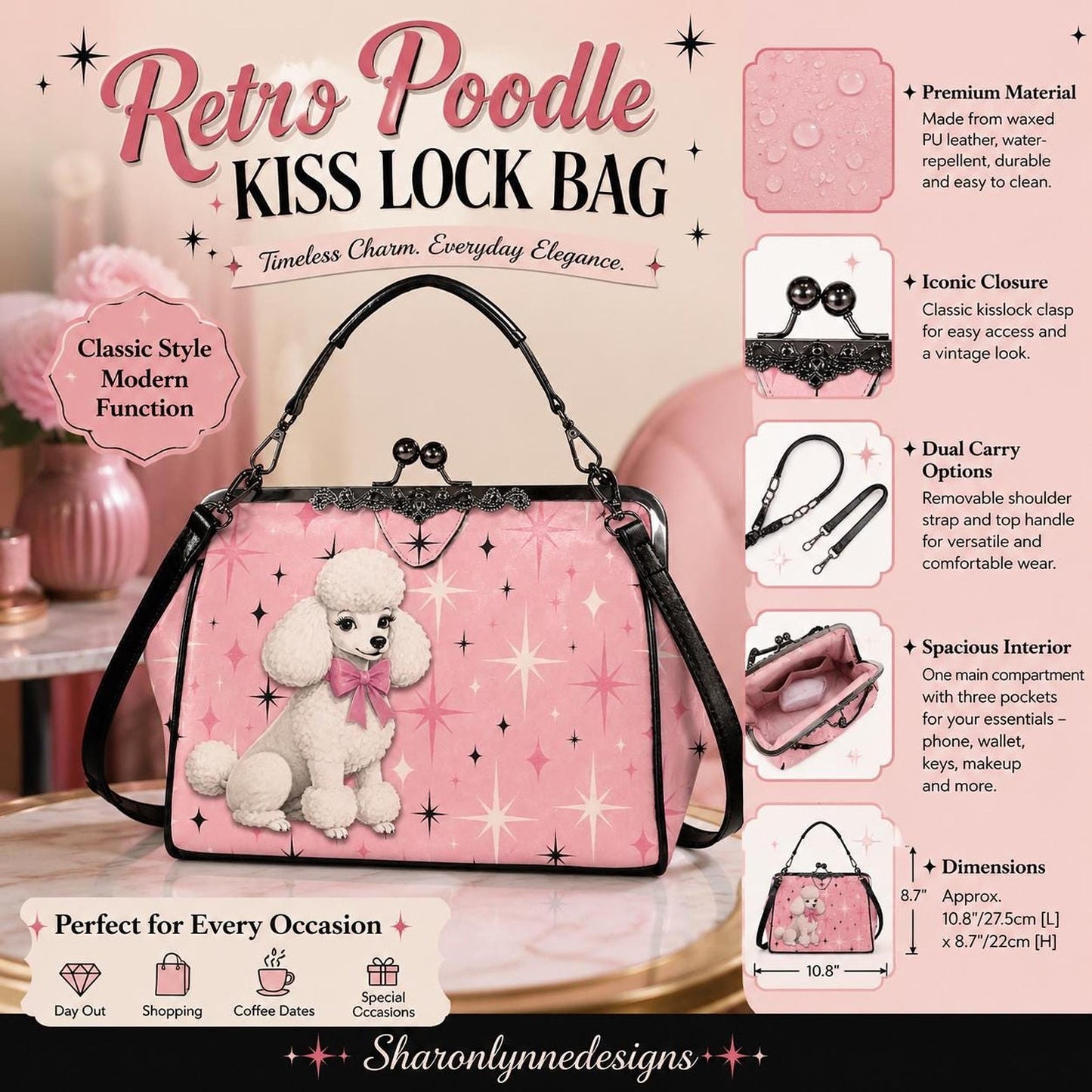 Retro Poodle Bag, Vintage Kiss Lock Handbag in Pink with White