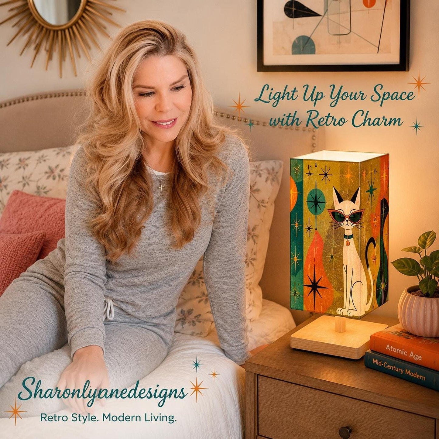 Retro Cat Lamp, Large Square Table with Colorful Artwork