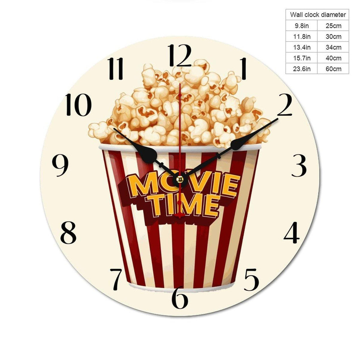 Popcorn Wall Clock for Cinema Lovers - Red Movie Night Decor without Numbers