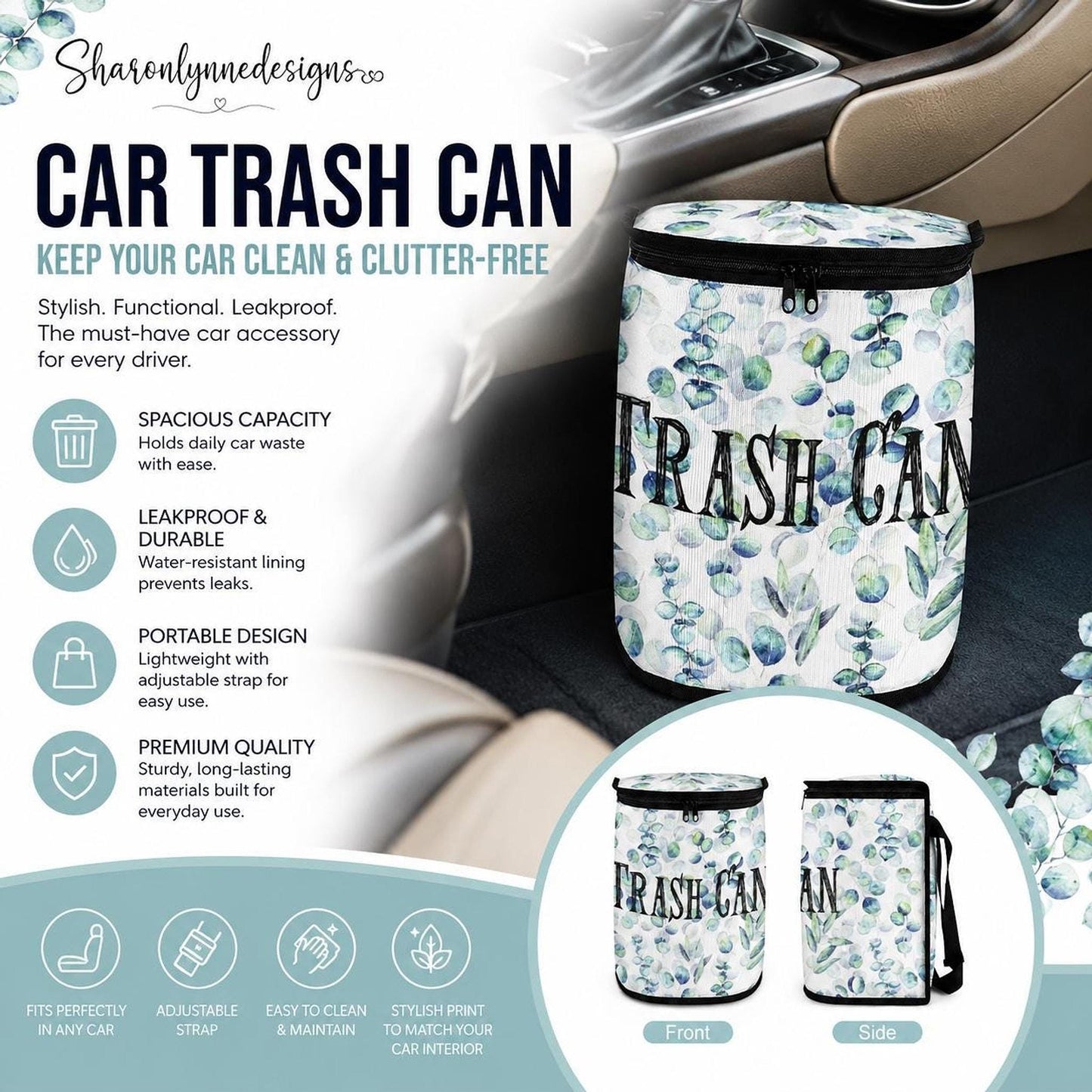 Floral Car Trash Can, Compact Hanging Bin for Travel and Vehicle Organization