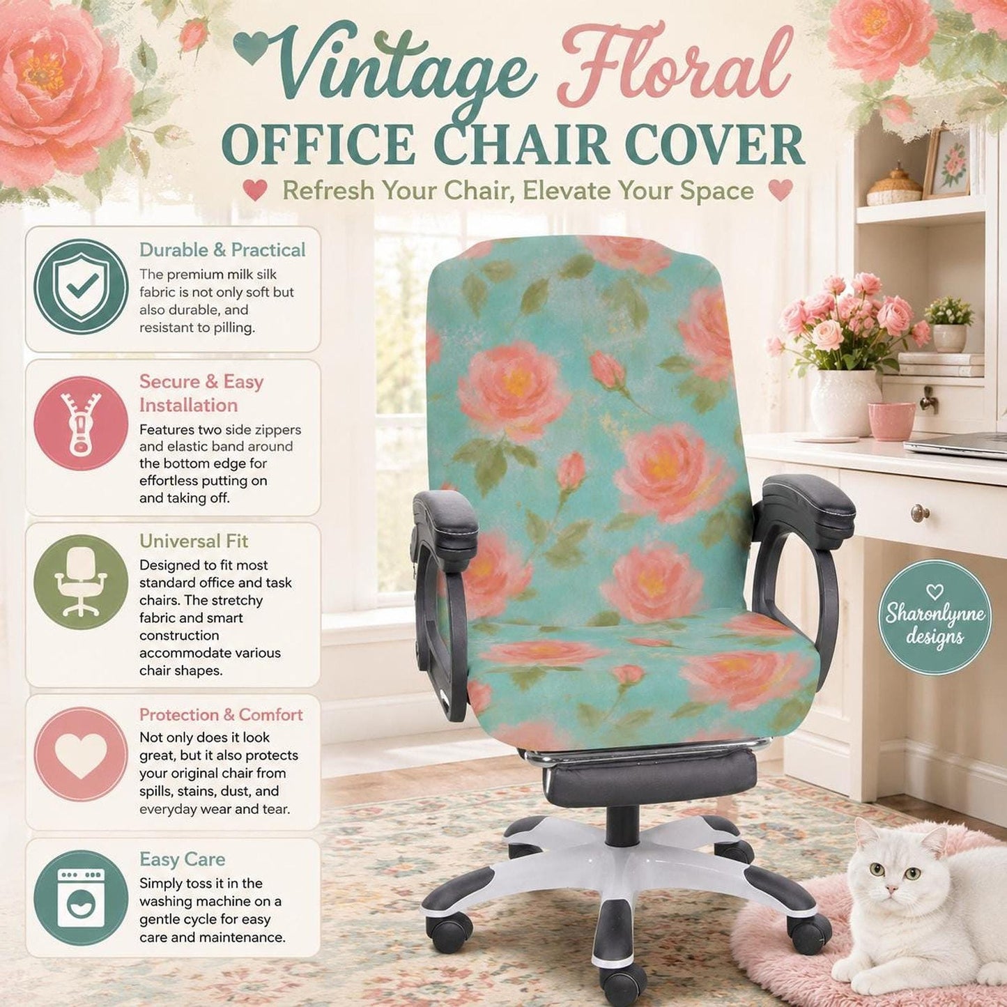 Vintage Floral Desk Chair Cover, Stretch Protector with Pink Roses