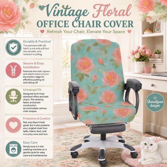 Vintage Floral Desk Chair Cover, Stretch Protector with Pink Roses