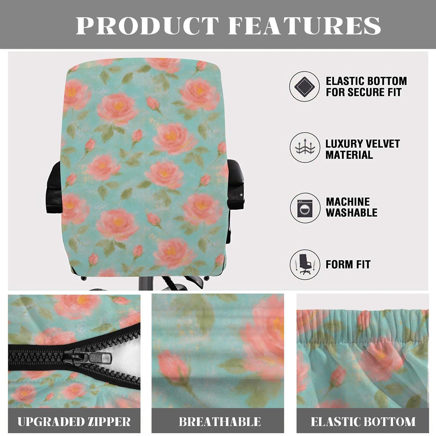Vintage Floral Desk Chair Cover, Stretch Protector with Pink Roses