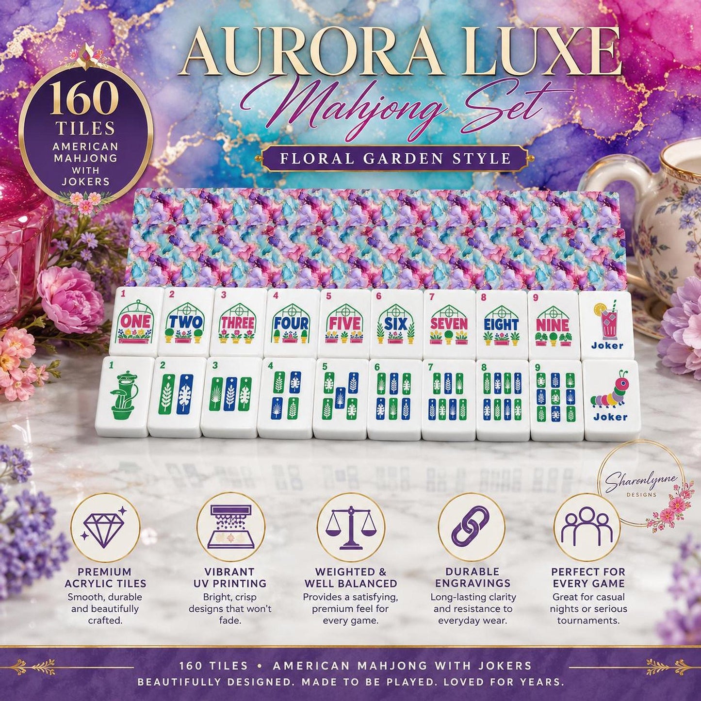Luxury Mahjong Tile Set, 160 Piece Acrylic Game with Floral Design