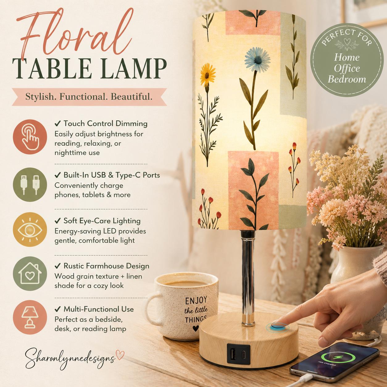 Bedside Table Lamp with USB Charging Port - Rustic Touch Control Light