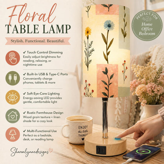 Bedside Table Lamp with USB Charging Port - Rustic Touch Control Light