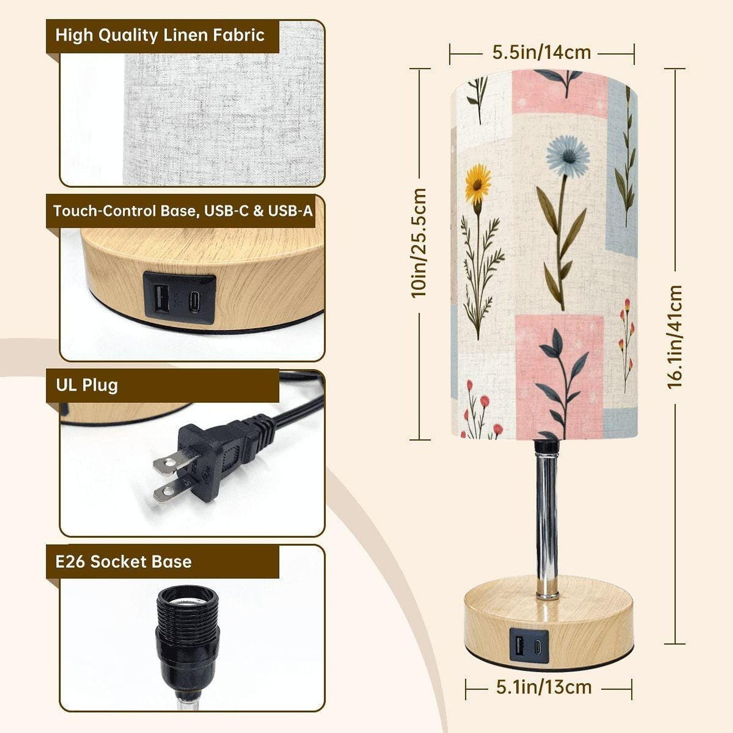 Bedside Table Lamp with USB Charging Port - Rustic Touch Control Light