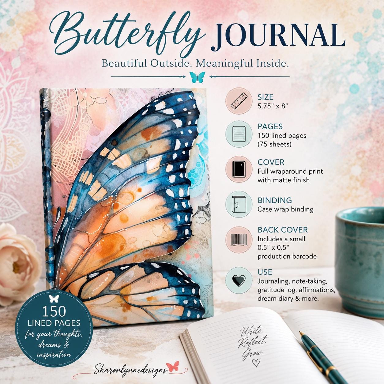 Butterfly Wing Journal, Customizable Blue Notebook with Inspirational Design