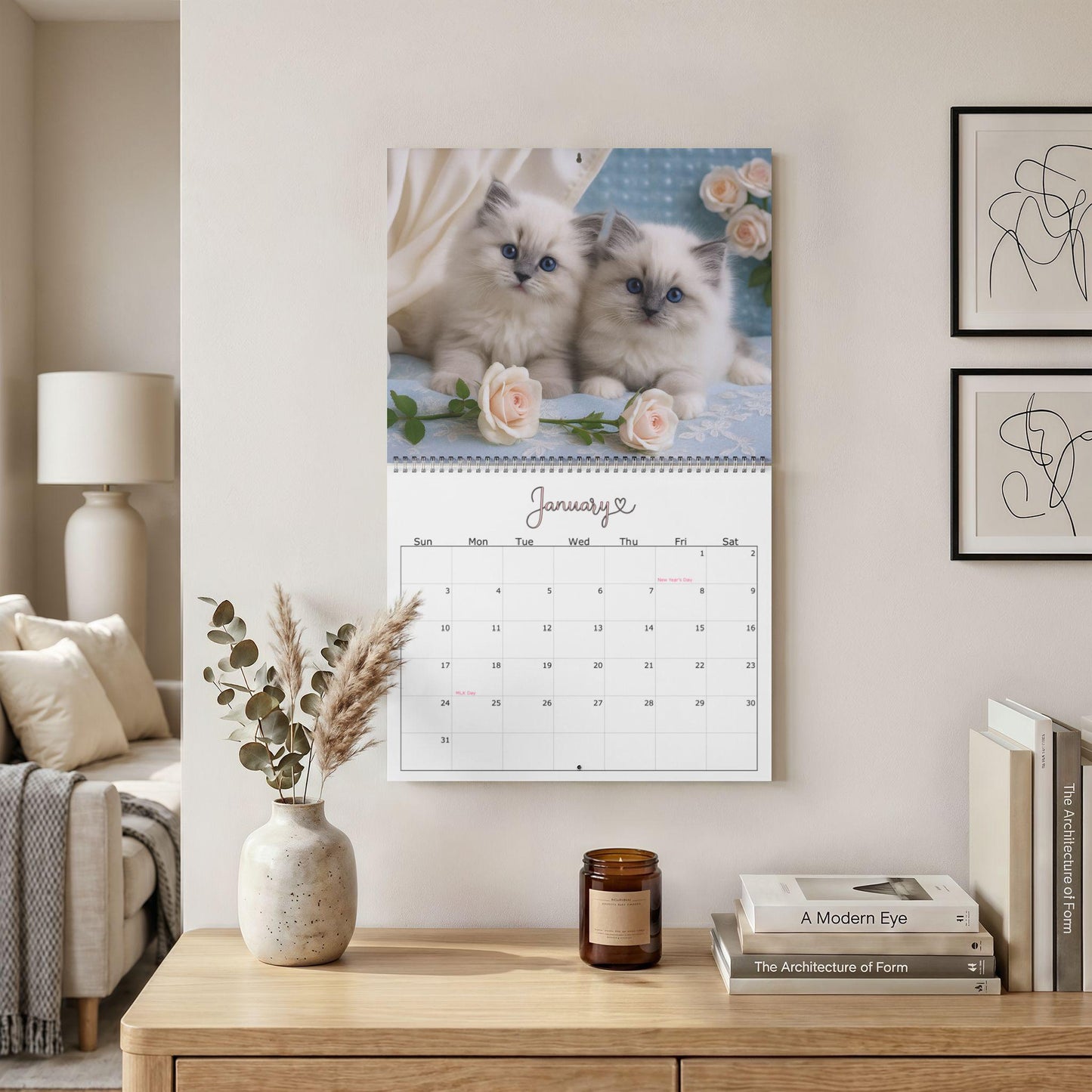 Shabby Chic Cat Wall Calendar 2027, Floral Kitten Monthly Planner in Two Sizes
